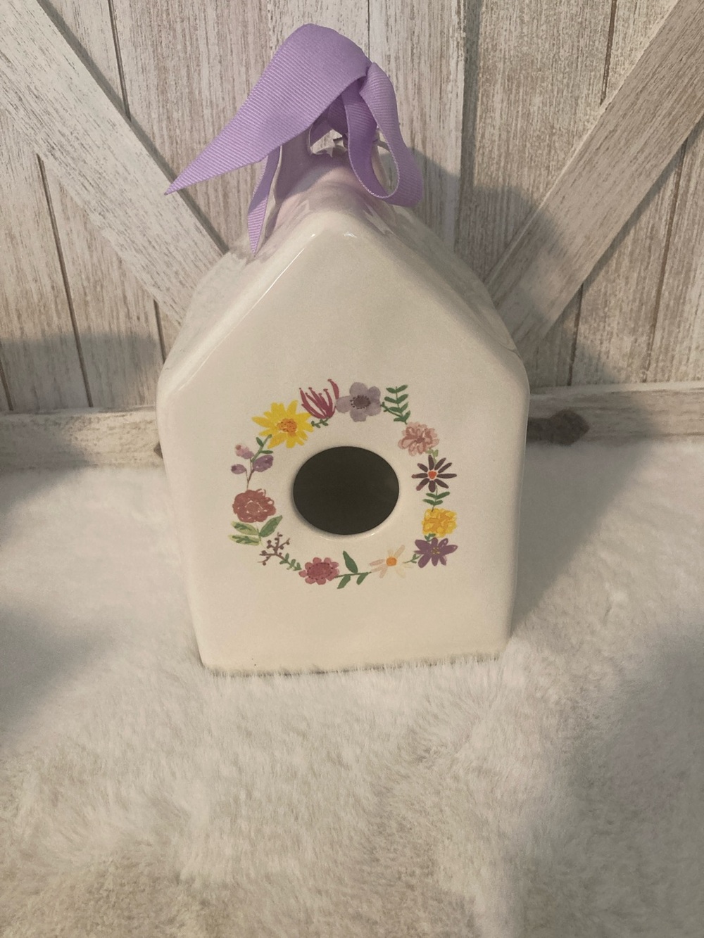 Rae Dunn Ceramic Birdhouse with Floral Wreath and Lavender Ribbon